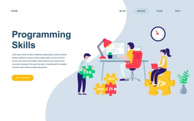 Modern düz web sayfa tasarım şablonu programlama becerileri insanlar karakter Web sitesi ve mobil web sitesi geliştirme için dekore edilmiştir. Düz açılış sayfası şablonu. Vektör çizim.