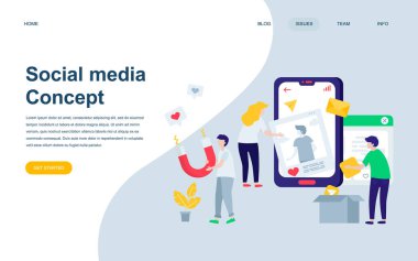 Modern düz web sayfa tasarım şablonu sosyal medya insanların karakter Web sitesi ve mobil web sitesi geliştirme için dekore edilmiştir. Düz açılış sayfası şablonu. Vektör çizim.