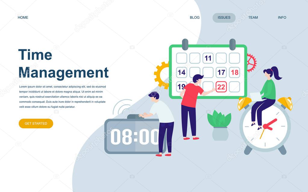 Modern flat web page design template of Time Management decorated people character for website and mobile website development. Flat landing page template. Vector illustration.