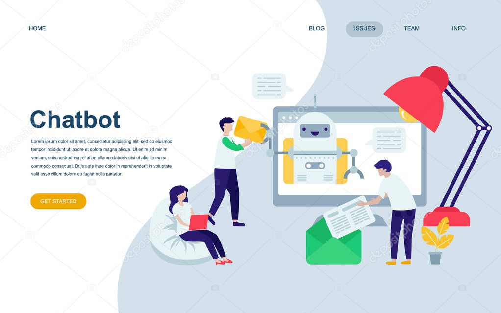 Modern flat web page design template of Chat Bot and Marketing decorated people character for website and mobile website development. Flat landing page template. Vector illustration.