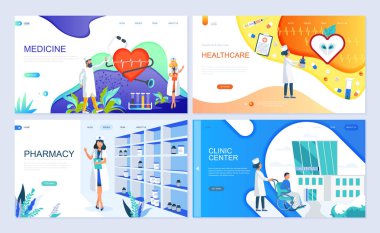 Sayfa şablonu açılış tıp, sağlık, eczane, klinik Merkezi için küme. Modern vektör çizim düz kavramları insanların karakter Web sitesi ve mobil web sitesi geliştirme için dekore edilmiştir..