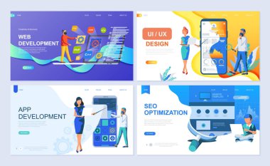 Açılış sayfası şablonu Web ve uygulama geliştirme, UI/Ux tasarım, Seo için küme. Modern vektör çizim düz kavramları insanların karakter Web sitesi ve mobil web sitesi geliştirme için dekore edilmiştir..