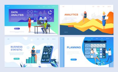 Sayfa şablonu açılış veri analizi, Analytics, iş istatistikleri, planlama için küme. Modern vektör çizim düz kavramları insanların karakter Web sitesi ve mobil web sitesi geliştirme için dekore edilmiştir..