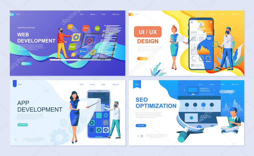 Set of landing page template for Web and App Development, UI/UX Design, SEO. Modern vector illustration flat concepts decorated people character for website and mobile website development.