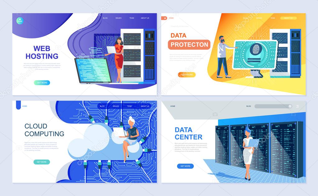 Set of landing page template for Hosting, Data Protection, Data Center, Cloud Computing. Modern vector illustration flat concepts decorated people character for website and mobile website development.