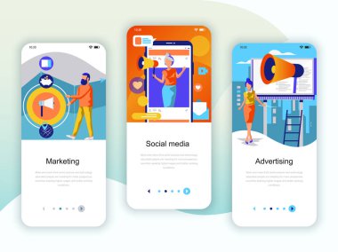 Onboarding kümesi Kullanıcı arabirimi Seti reklam, pazarlama için sosyal medya, mobil app şablonlar kavramı ekranlar. Modern Ux, UI ekran telefon veya duyarlı web sitesi için. Vektör çizim.