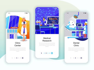 Tıp, araştırma, Diş Kliniği, mobil app şablonlar kavramı için onboarding ekranlar Kullanıcı arabirimi seti dizi. Modern Ux, UI ekran telefon veya duyarlı web sitesi için. Vektör çizim.