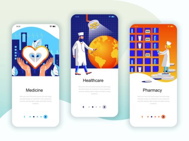 Tıp, sağlık, eczane, mobil app şablonlar kavramı için onboarding ekranlar Kullanıcı arabirimi seti dizi. Modern Ux, UI ekran telefon veya duyarlı web sitesi için. Vektör çizim.