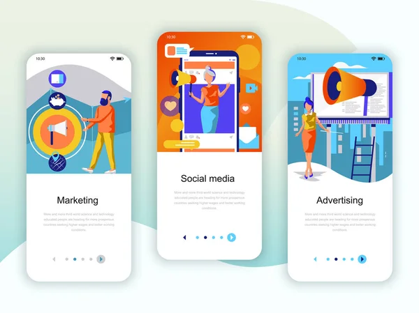 Conjunto Telas Onboarding Kit Interface Usuário Para Marketing Mídia Social —  Vetores de Stock