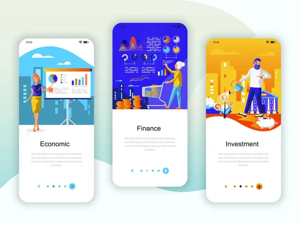 Set Onboarding Screens User Interface Kit Economics Finance Investment Mobile — Stock Vector