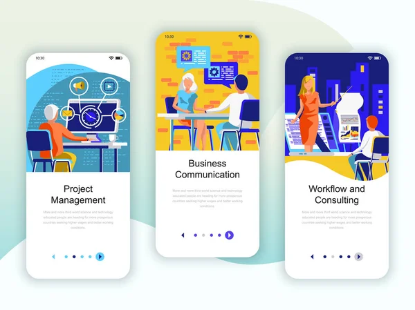 Σύνολο Onboarding Οθόνες Εξάρτηση Διεπαφών Χρήστη Για Διαχείριση Επικοινωνία Ροή — Διανυσματικό Αρχείο