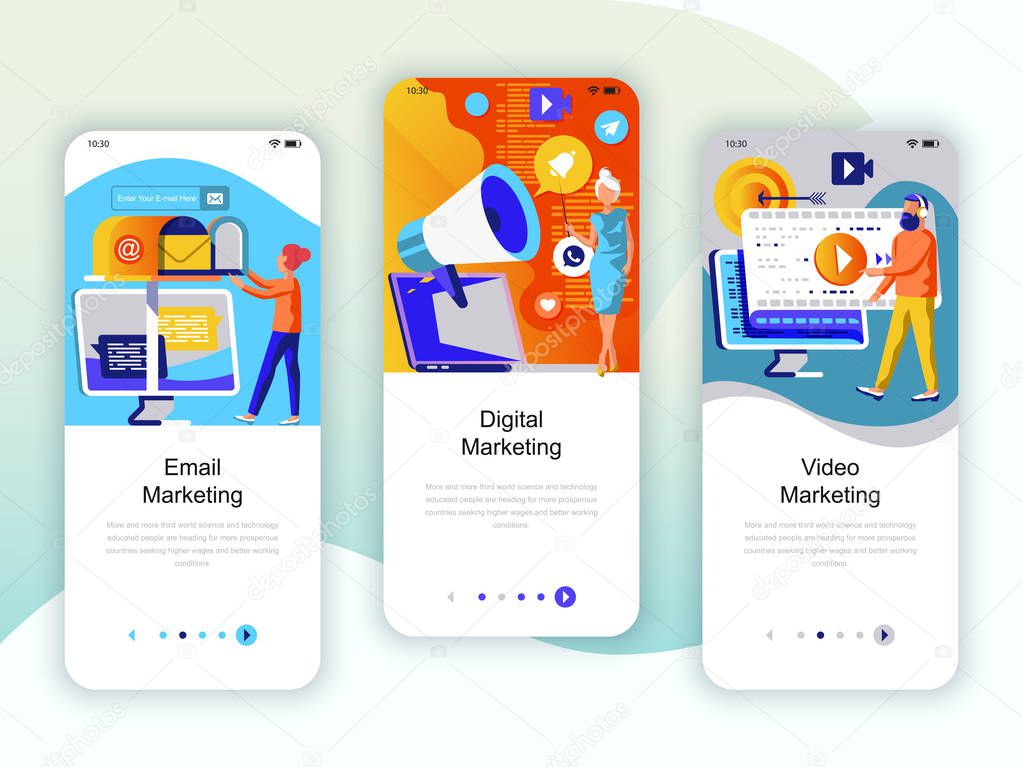 Set of onboarding screens user interface kit for Video, Email, Digital Marketing, mobile app templates concept. Modern UX, UI screen for mobile or responsive web site. Vector illustration.