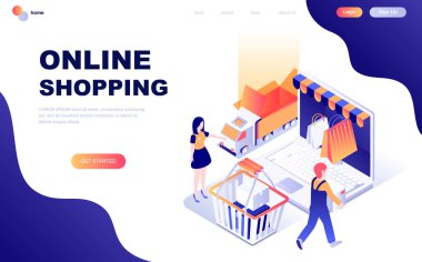Modern düz izometrik Tasarım Online alışveriş insanlar karakter Web sitesi ve mobil web sitesi geliştirme için dekore edilmiştir. İzometrik açılış sayfası şablonu. Vektör çizim.