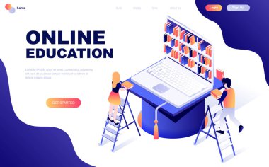 Modern düz tasarım izometrik Online eğitim kavramı insanların karakter Web sitesi ve mobil web sitesi geliştirme için dekore edilmiştir. İzometrik açılış sayfası şablonu. Vektör çizim.