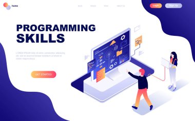Modern düz tasarım programlama becerileri izometrik kavramı insanların karakter Web sitesi ve mobil web sitesi geliştirme için dekore edilmiştir. İzometrik açılış sayfası şablonu. Vektör çizim.