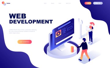 Modern düz izometrik tasarım Web geliştirme web sitesi ve mobil web sitesi geliştirme için insan karakterinin dekore edilmiştir. İzometrik açılış sayfası şablonu. Vektör çizim.
