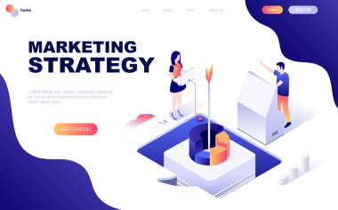 Modern düz tasarım pazarlama stratejisi izometrik kavramı insanların karakter Web sitesi ve mobil web sitesi geliştirme için dekore edilmiş. İzometrik açılış sayfası şablonu. Vektör çizim.