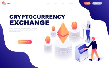 Cryptocurrency Exchange modern düz tasarım izometrik kavramı insanların karakter Web sitesi ve mobil web sitesi geliştirme için dekore edilmiş. İzometrik açılış sayfası şablonu. Vektör çizim.