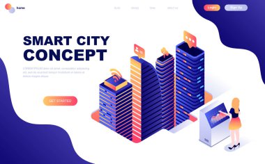 Modern düz tasarım Smart City teknolojisi izometrik kavramı insanların karakter Web sitesi ve mobil web sitesi geliştirme için dekore edilmiştir. İzometrik açılış sayfası şablonu. Vektör çizim.