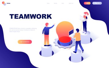 Modern düz tasarım izometrik ekip çalışması kavramı insanların karakter Web sitesi ve mobil web sitesi geliştirme için dekore edilmiştir. İzometrik açılış sayfası şablonu. Vektör çizim.