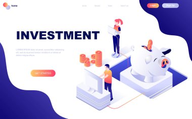 İş yatırım modern düz tasarım izometrik kavramı insanların karakter Web sitesi ve mobil web sitesi geliştirme için dekore edilmiştir. İzometrik açılış sayfası şablonu. Vektör çizim.