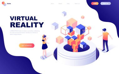 Modern düz tasarım izometrik kavramı sanal Augmented Reality insanlar karakter Web sitesi ve mobil web sitesi geliştirme için dekore edilmiştir. İzometrik açılış sayfası şablonu. Vektör çizim.