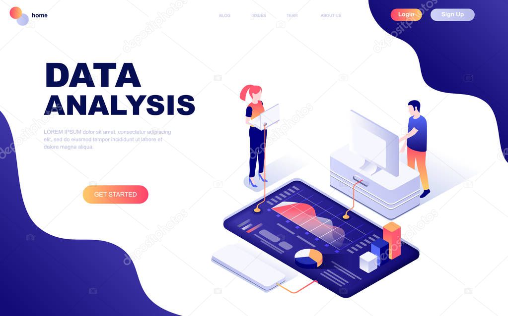 Modern flat design isometric concept of Auditing, Data Analysis decorated people character for website and mobile website development. Isometric landing page template. Vector illustration.