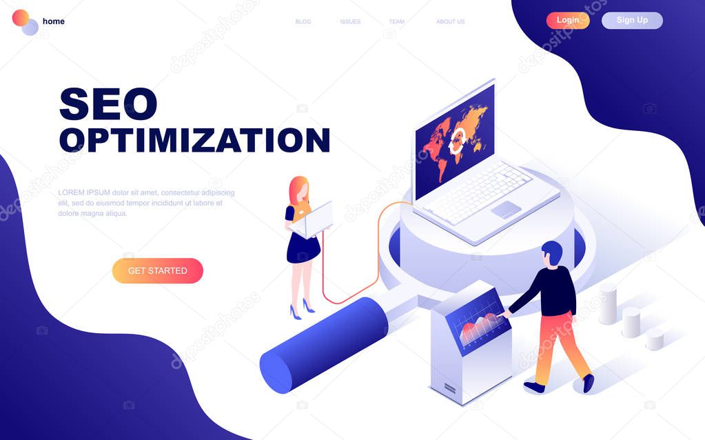 Modern flat design isometric concept of Seo Analysis decorated people character for website and mobile website development. Isometric landing page template. Vector illustration.