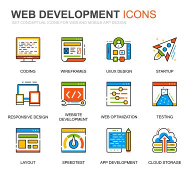 Basit Set Web Disign ve geliştirme hattı simgeler Web sitesi ve mobil uygulamalar için. Kodlama, uygulama geliştirme, kullanılabilirlik gibi simgeler içerir. Kavramsal renkli simge. Vektör piktogram paketi.