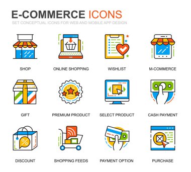 Web sitesi ve mobil uygulamalar için basit Set E-ticaret ve alışveriş satır simgeler. Teslimat, ödeme, sepet, müşteri, dükkanı olarak böyle simgeleri içerir. Kavramsal renkli simge. Vektör piktogram paketi.