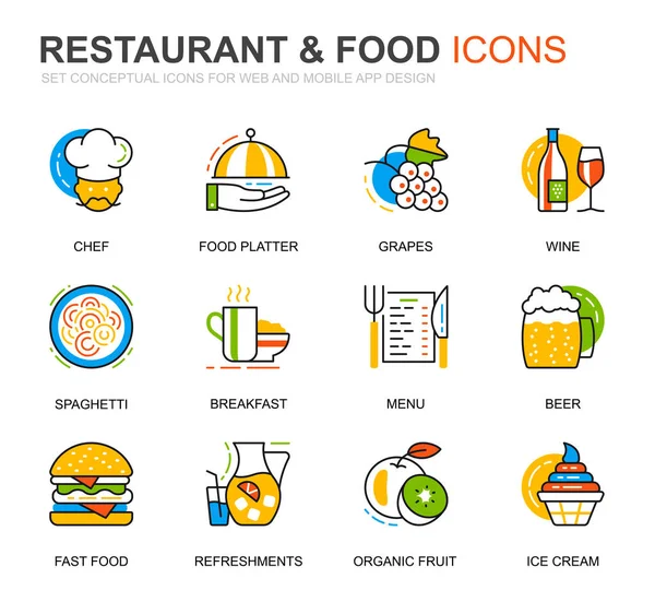 简单的设置餐厅和食品线图标的网站和移动应用程序 包含快餐 有机水果 咖啡吧等图标 概念颜色线图标 矢量象形图包 — 图库矢量图片