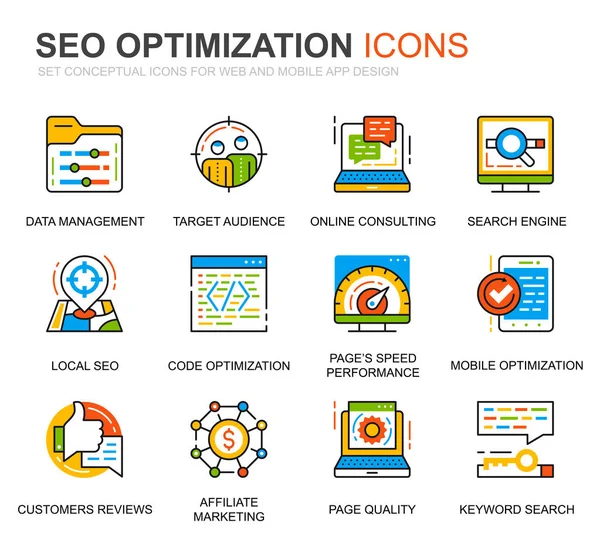 Simple Set Seo Web Optimization Line Iconos Para Sitio Web — Archivo Imágenes Vectoriales