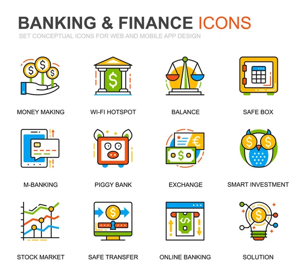 Einfache Einstellung Von Bank Und Finanzliniensymbolen Für Webseiten Und Mobile — Stockvektor