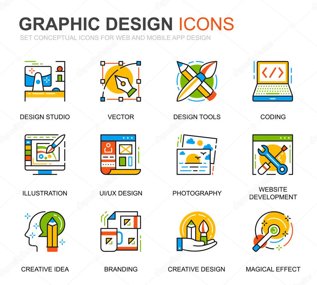 Simple Set Web and Graphic Design Line Icons for Website and Mobile Apps. Contains such Icons as Studio, Tools, App Development, Retouching. Conceptual color line icon. Vector pictogram pack.