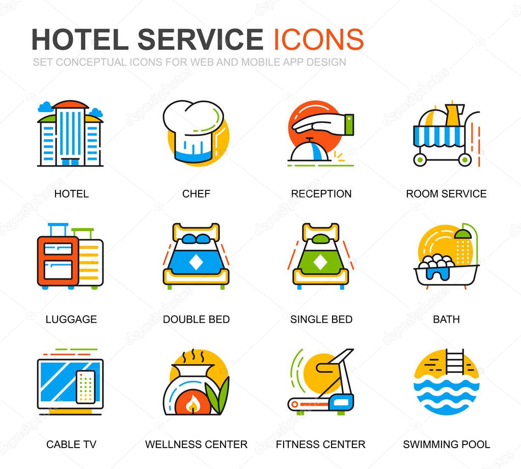 Simple Set Hotel Services Line Icons for Website and Mobile Apps. Contains such Icons as Luggage, Reception, Room Services, Fitness Center. Conceptual color line icon. Vector pictogram pack.