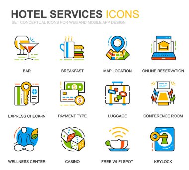 Web sitesi ve mobil uygulamalar için basit Set otel hizmeti satır simgeler. Restaurant, Oda Servisi, Resepsiyon olarak böyle simgeleri içerir. Kavramsal renkli simge. Vektör piktogram paketi.