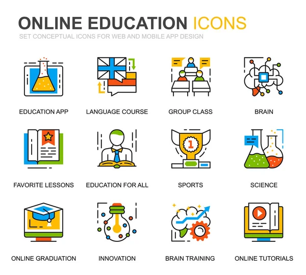 Einfache Bildungs-und Wissenszeilen-Symbole für Webseiten und mobile Apps. enthält Symbole wie Studium, Schule, Abschluss, E-Book. konzeptionelle Farblinie Icon. Vektor-Piktogrammpaket. — Stockvektor