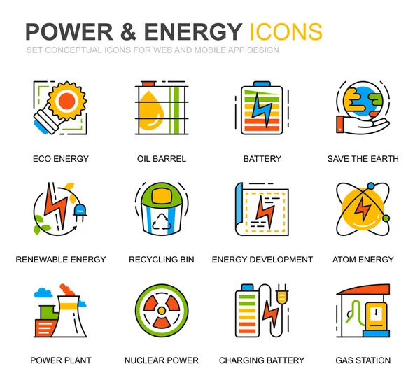 Jednoduchý Set energetika a energetické linie ikony pro web a mobilní aplikace. Obsahuje takové ikony jako solární Panel, Eco Energy, elektrárny. Konceptuální barvu čáry. Vektor piktogram pack. — Stockový vektor