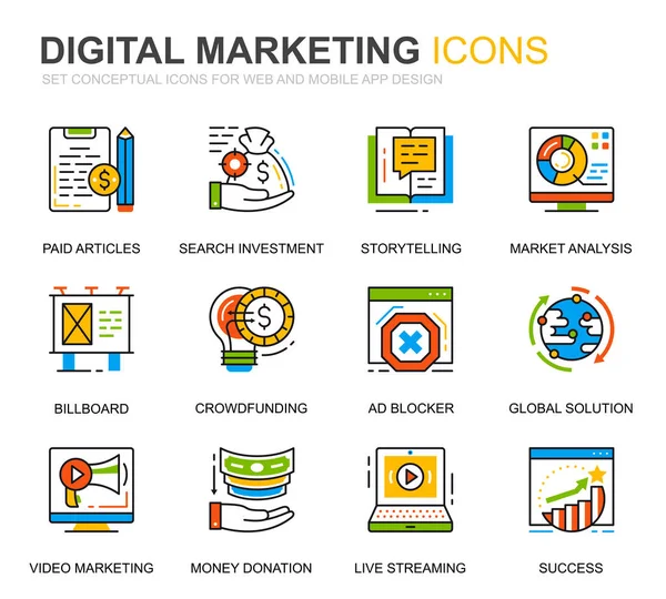 Enkel uppsättning verksamhet och marknadsföring linje ikoner för webbplatsen och Mobilapparna. Innehåller sådana ikoner som Digital strategi, Global lösning, marknaden. Konceptuella färg linje-ikonen. Vector piktogram pack. — Stock vektor