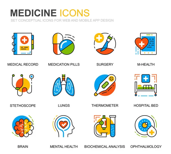 Iconos simples de la línea de atención médica y medicina para el sitio web y las aplicaciones móviles. Contiene iconos tales como Doctor, Hospital, Equipo Médico. Icono de línea de color conceptual. Paquete pictograma vectorial . — Vector de stock