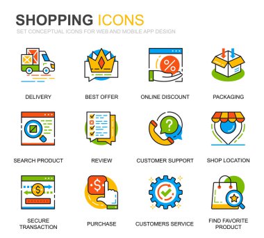 Basit web sitesi ve mobil uygulamalar için alışveriş ve E-ticaret satır Icons Set. Teslimat, ödeme yöntemi, mağaza, ticaret olarak böyle simgeleri içerir. Kavramsal renkli simge. Vektör piktogram paketi.
