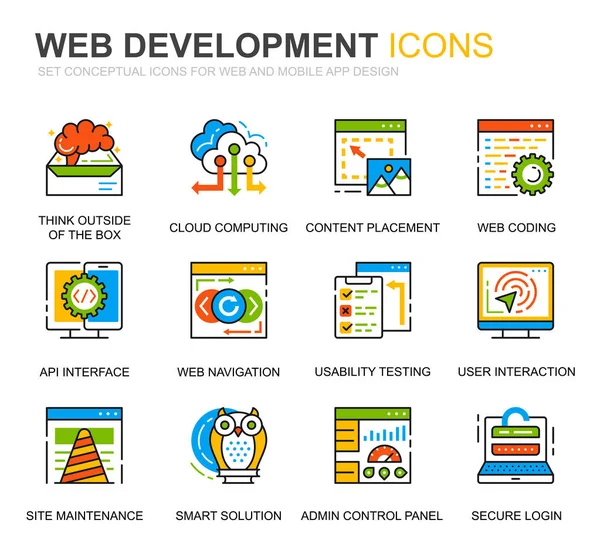 Simple Set Web Disign and Development Line Icons for Website and Mobile Apps (en inglés). Contiene iconos como Codificación, Desarrollo de aplicaciones, Usabilidad. Icono de línea de color conceptual. Paquete pictograma vectorial . — Vector de stock
