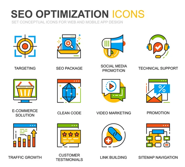 Simple Set Seo y Web Optimization Line Iconos para el sitio web y aplicaciones móviles. Contiene iconos como Target, Marketing, Crecimiento del Tráfico. Icono de línea de color conceptual. Paquete pictograma vectorial . — Vector de stock