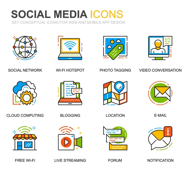 Enkel uppsättning sociala medier och nätverk linje ikoner för hemsida och mobila appar. Innehåller sådana ikoner som Avatar, Emoji, Chating, gillar. Konceptuella färg linje-ikonen. Vector piktogram pack. — Stock vektor