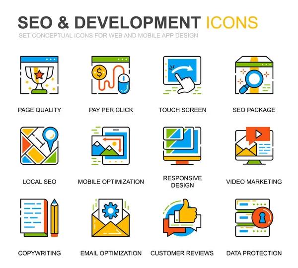 Simply Set Seo и Development Line Icons для Мбаппе и мобильных устройств. Содержит такие иконки как Чистый код, Защита данных, Мониторинг. Концептуальный значок цветовой линии. Векторная пиктограмма . — стоковый вектор