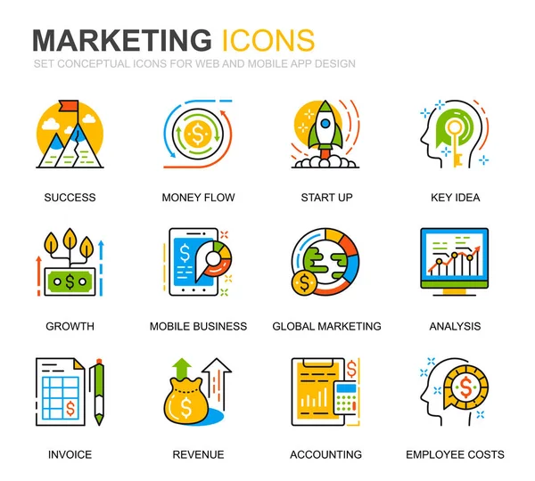 Establezca iconos simples de negocio y de línea de marketing para sitios web y aplicaciones móviles. Contiene iconos como Visión, Misión, Planificación, Mercado. Icono de línea de color conceptual. Paquete pictograma vectorial . — Archivo Imágenes Vectoriales