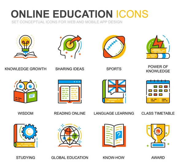 Jednoduchý Set vzdělání a znalosti linie ikony pro web a mobilní aplikace. Obsahuje takové ikony jako Online kurzu, univerzita, studium, kniha. Konceptuální barvu čáry. Vektor piktogram pack. — Stockový vektor