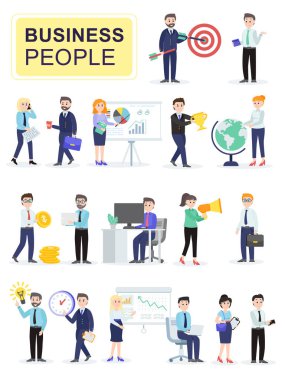 Birbirinizle konuşmak erkek ve kadın Ofis çalışanları kümesi. İş adamları veya katip meslektaşları ile iletişim. Çizgi film karakterleri beyaz arka plan üzerinde izole. Düz vektör çizim.