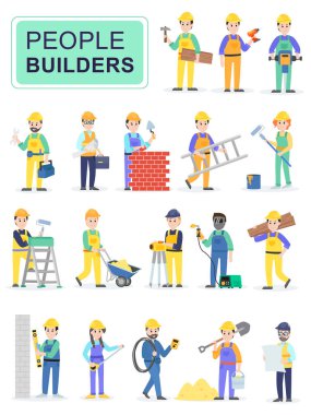 İnsanlar inşaatçılar işçi kümesi. Mavi genel, çeşitli pozlar ve çalışan, ayakta, yürüme, çalışma duygular, erkek işçi. Çizgi film karakterleri beyaz arka plan üzerinde izole. Düz vektör çizim.