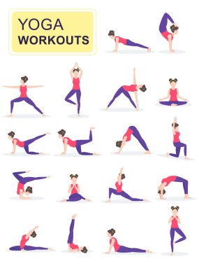 Genç kadın fiziksel egzersizler yapmak kümesi. Kız bir spor mat çeşitli teşkil etmektedir tedavi yoga yapar. Çizgi film karakterleri beyaz arka plan üzerinde izole. Düz vektör çizim.